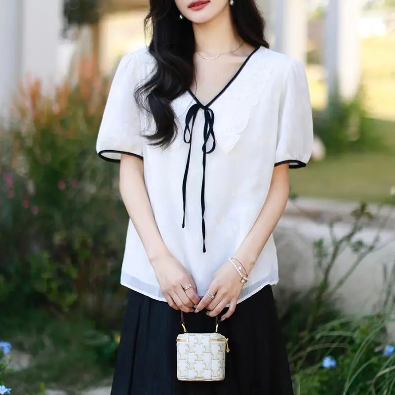 DOKZB Summer Puff Sleeve T Shirt Women's Beige-3