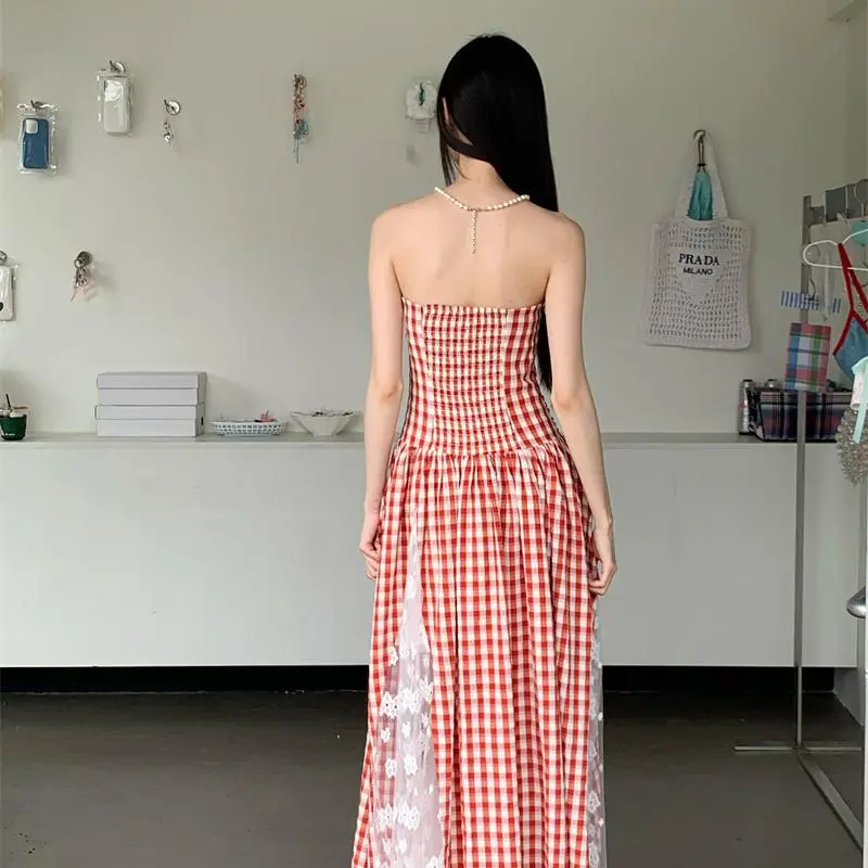 DOKZB Slip Dress Women's Red White Plaid-5
