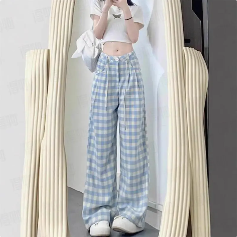 DOKZB Casual Pants Women's Blue Plaid-2