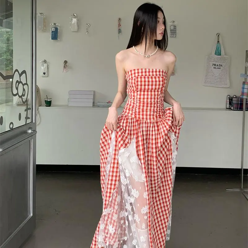 DOKZB Slip Dress Women's Red White Plaid-3
