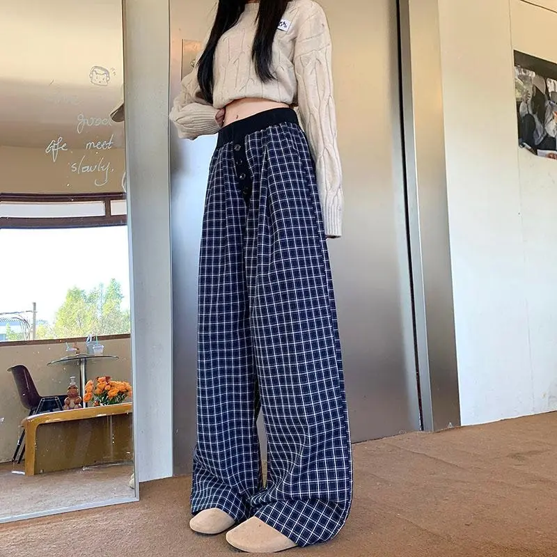 DOKZB Casual Pants Women's Navy Blue Plaid-6