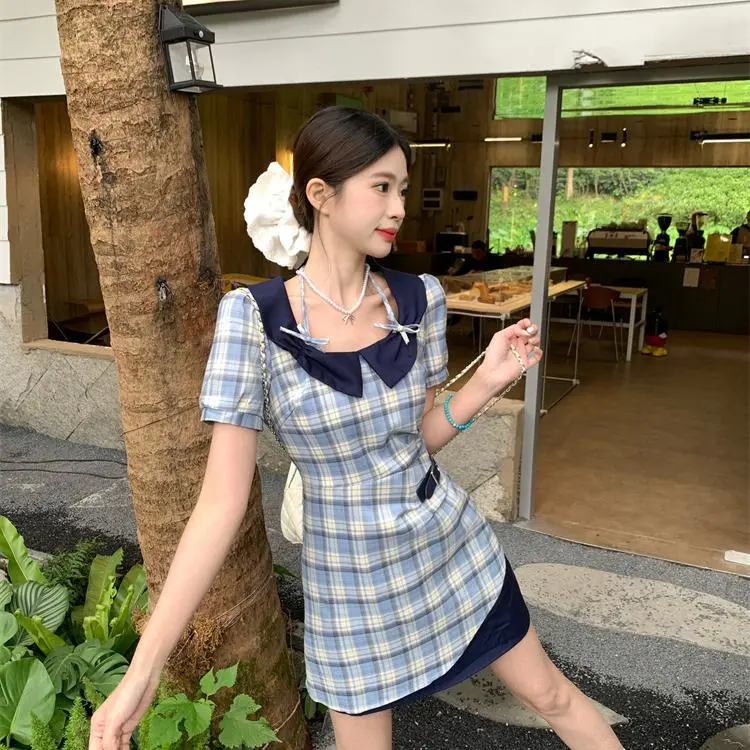DOKZB Short Sleeved Dress Women's Blue Plaid-6