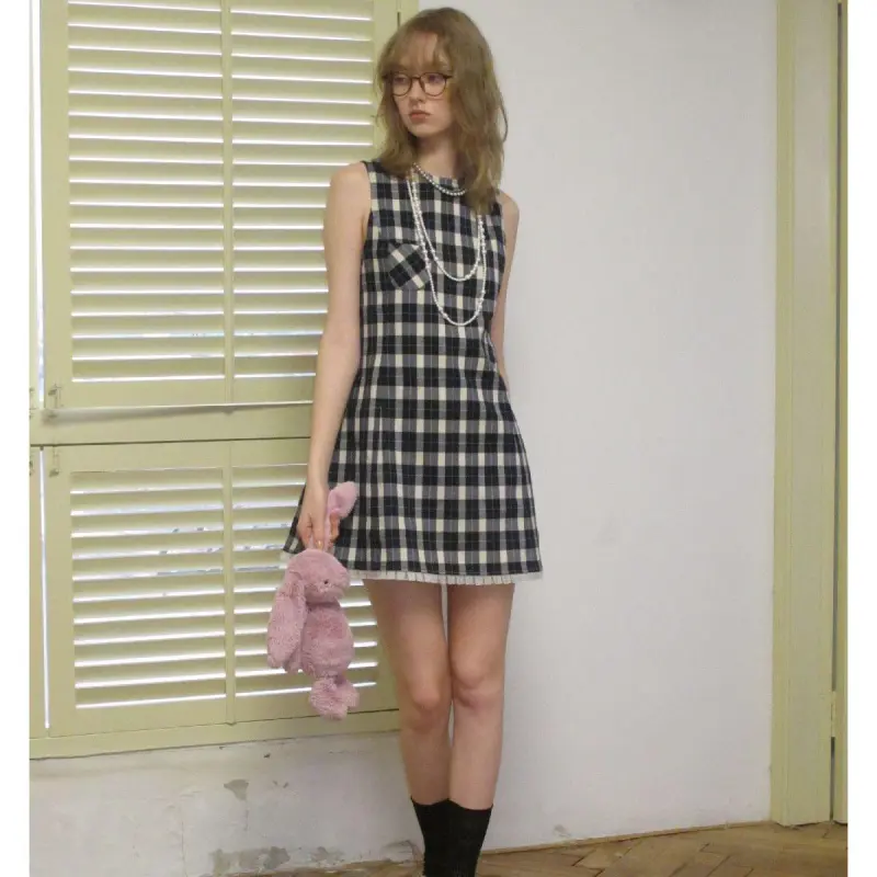 DOKZB Sleeveless Dresses Women's Black Plaid-6