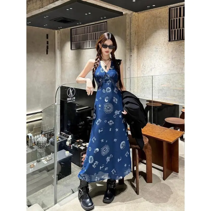 DOKZB Sleeveless Dresses Women's Navy Blue-3