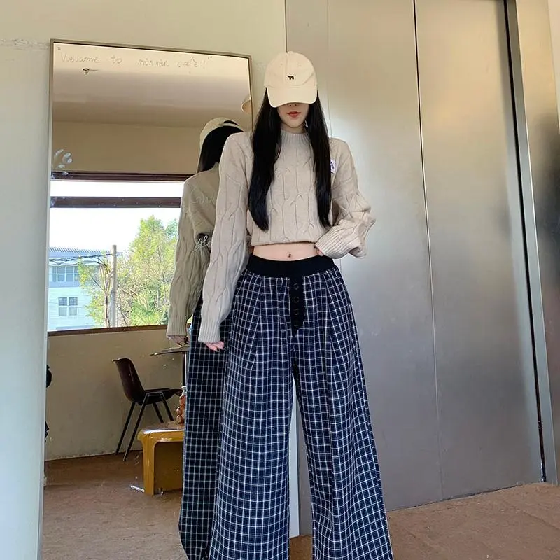 DOKZB Casual Pants Women's Navy Blue Plaid-2