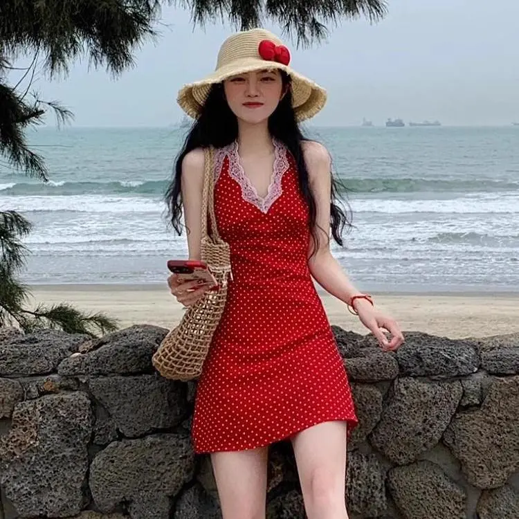 DOKZB Slip Dresses Women's Red-5