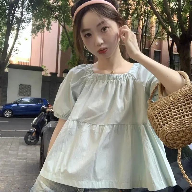 DOKZB Puff Sleeve T Shirt Women's Blue-4