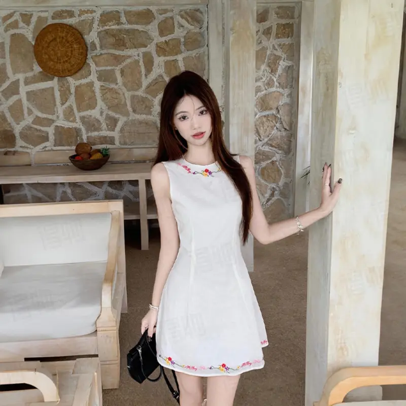 DOKZB Sleeveless Dresses Women's White-5