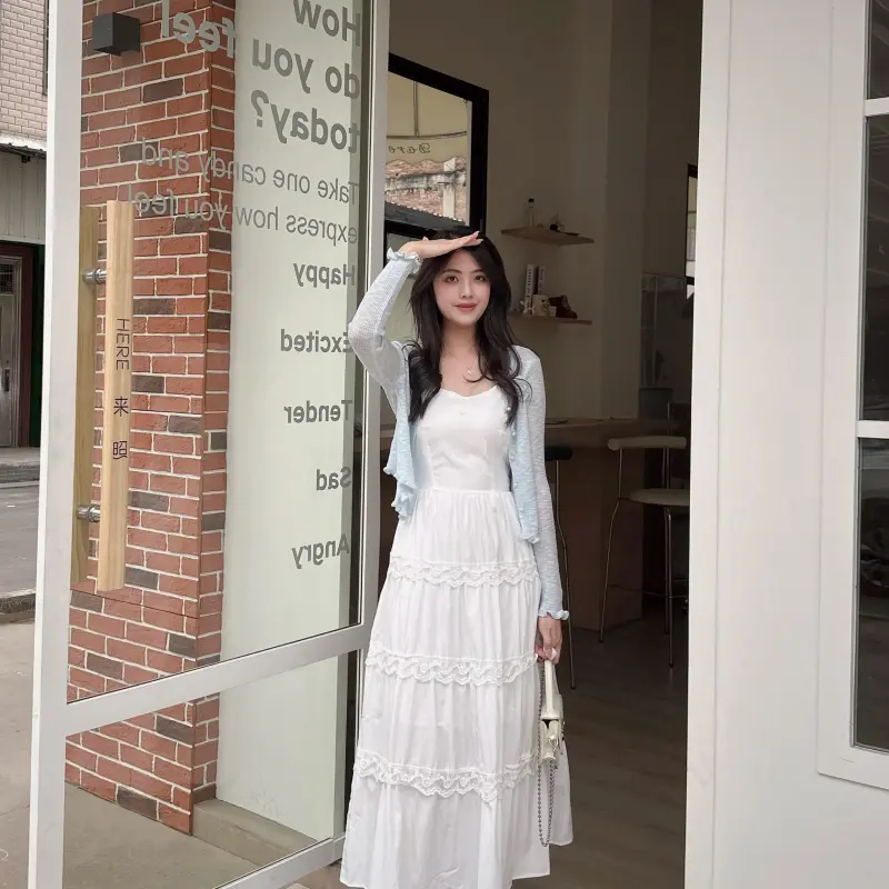 DOKZB Slip Dress Women's Blue Top+White Skirt-4