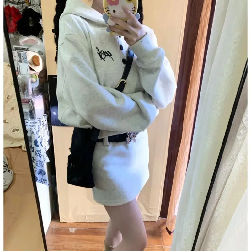 DOKZB Long Sleeved Dress Women's White Gray-5
