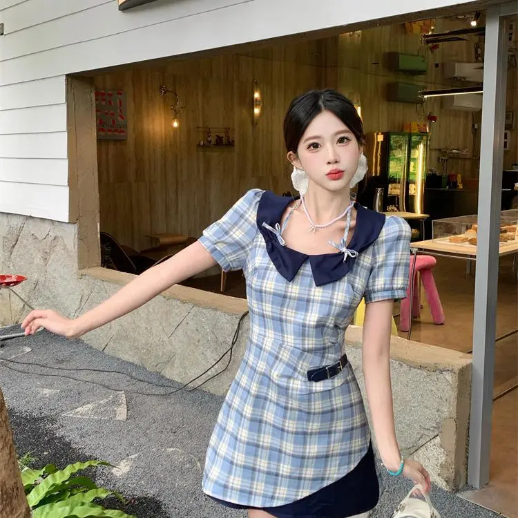 DOKZB Short Sleeved Dress Women's Blue Plaid-2
