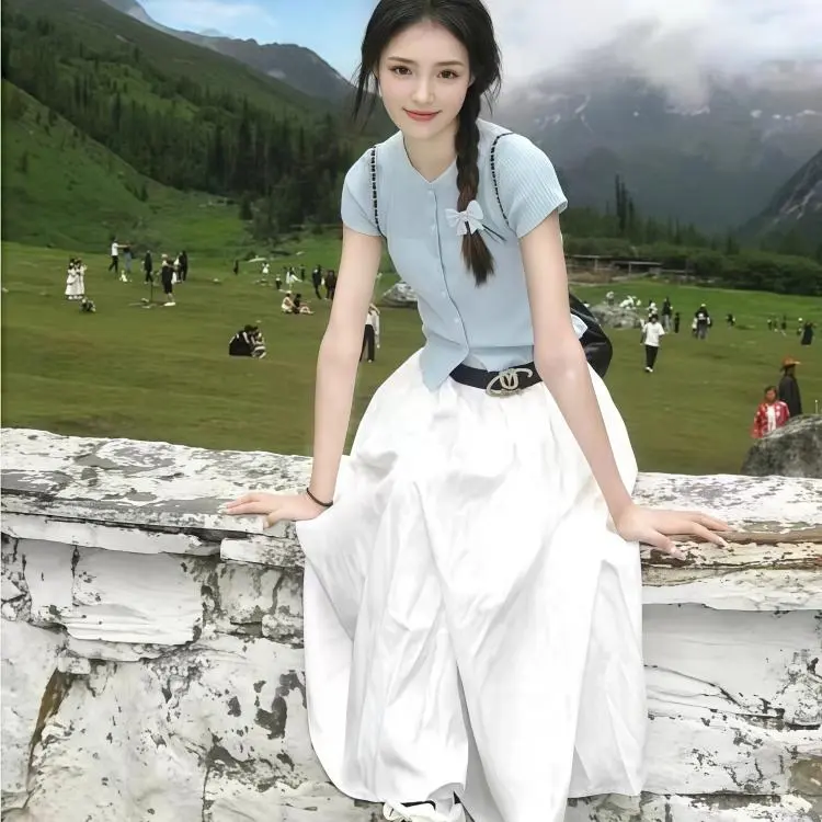 DOKZB Two Piece Skirt Sets Women's Blue Top+White Skirt-4