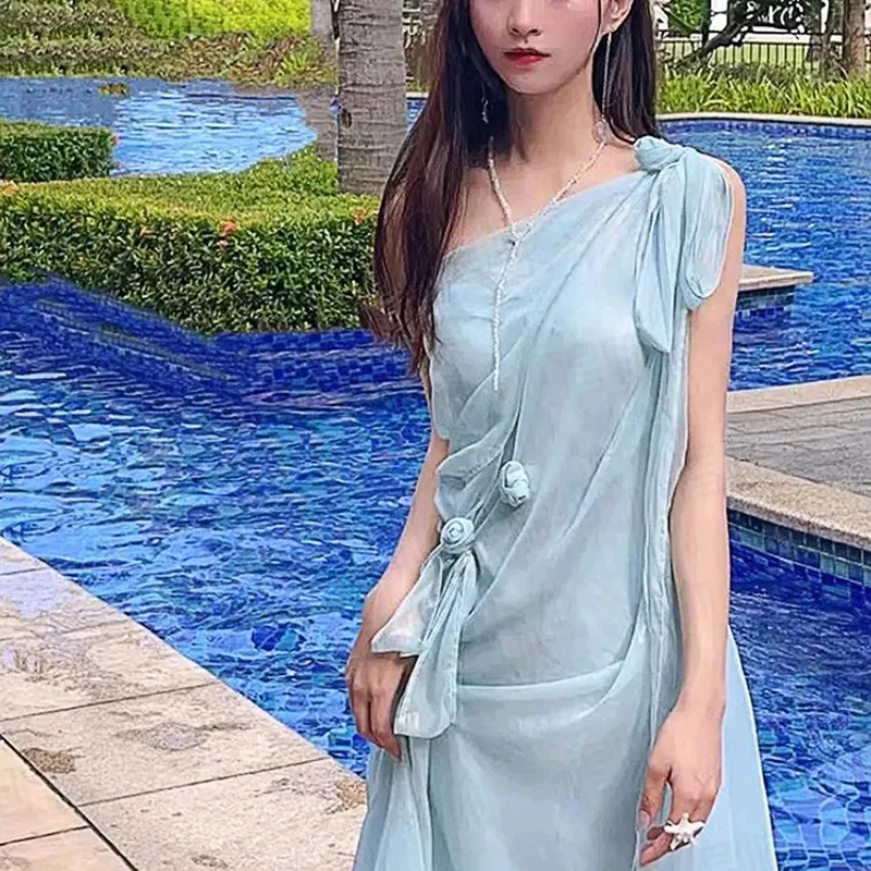 DOKZB Sleeveless Dresses Women's Light Blue-2