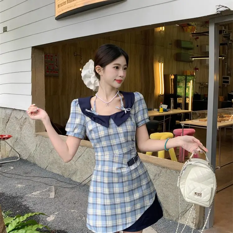 DOKZB Short Sleeved Dress Women's Blue Plaid-4