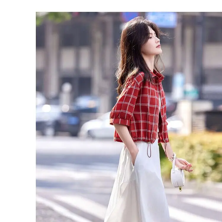 DOKZB Shirts Women's Red Plaid-5