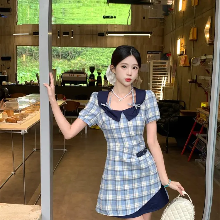 DOKZB Short Sleeved Dress Women's Blue Plaid-3