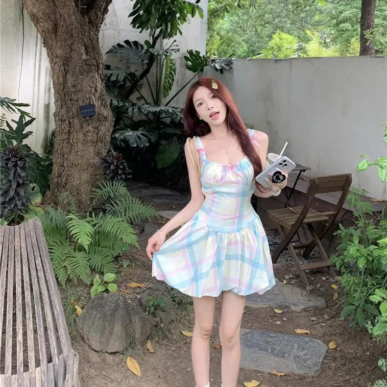 DOKZB Slip Dresses Women's Blue Pink Plaid-3
