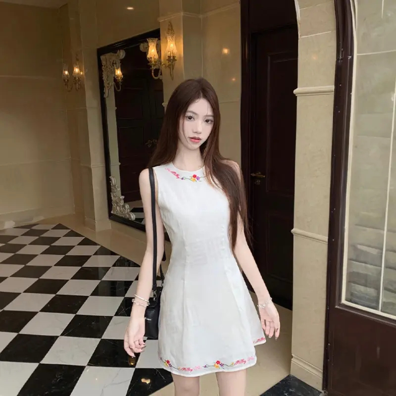 DOKZB Sleeveless Dresses Women's White-4