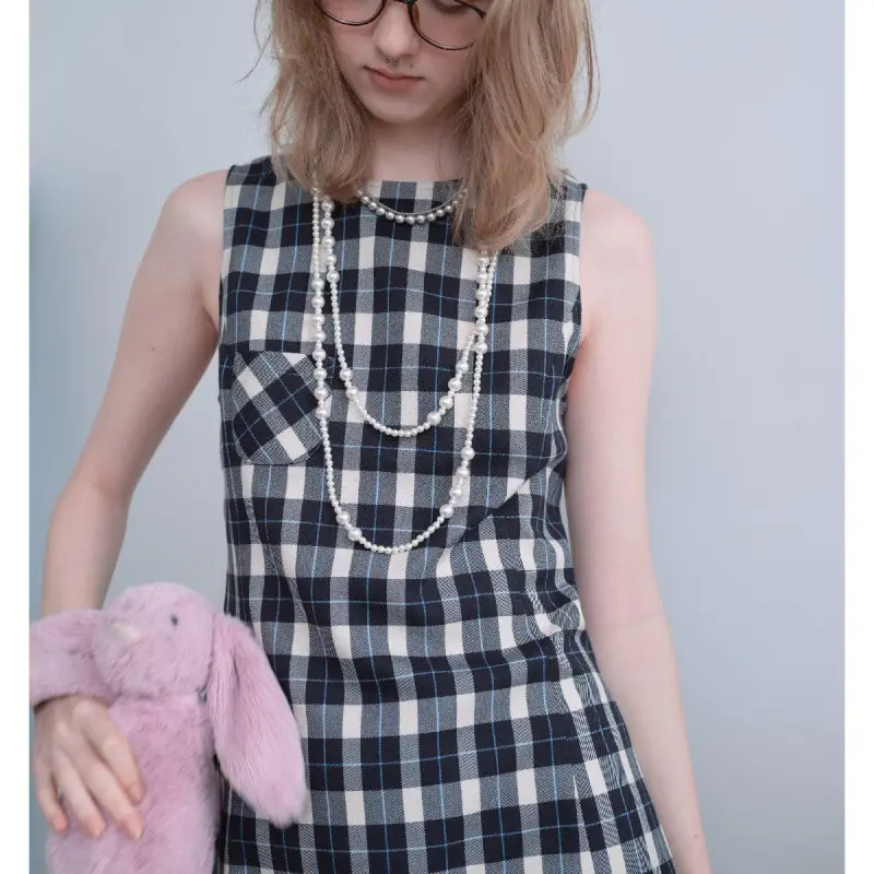 DOKZB Sleeveless Dresses Women's Black Plaid-5