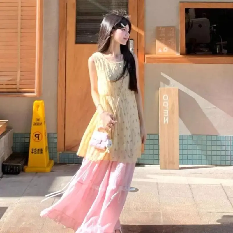 DOKZB Skirt Set Women's Yellow/Pink Two Piece Set-6