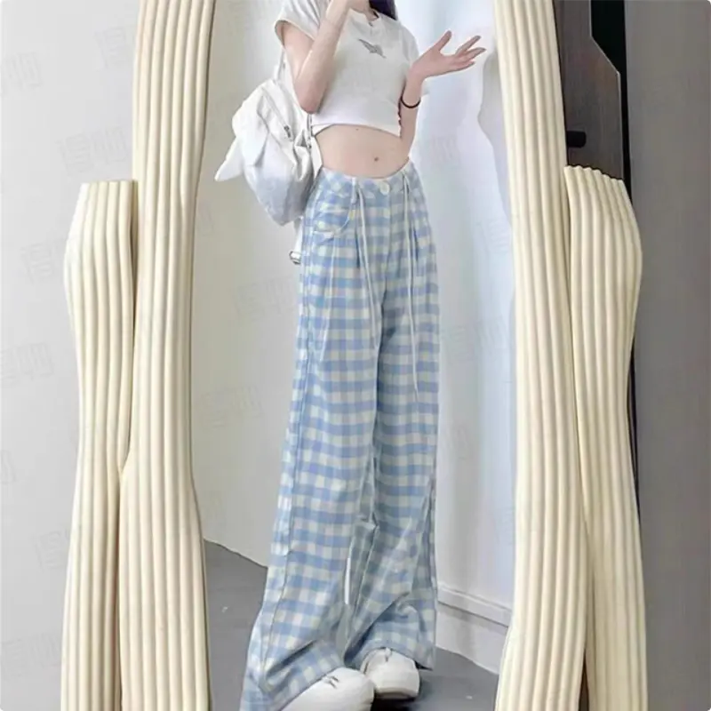 DOKZB Casual Pants Women's Blue Plaid-6