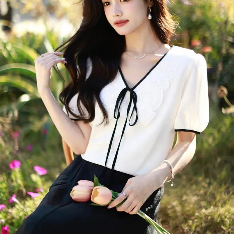 DOKZB Summer Puff Sleeve T Shirt Women's Beige-2