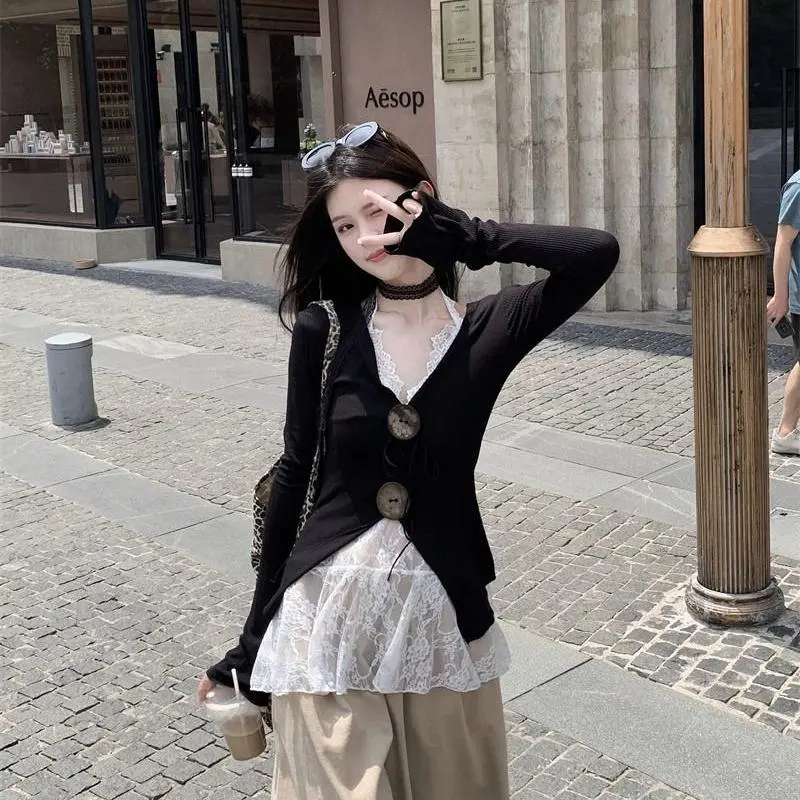 DOKZB Regular T Shirt Women's Black Top+White Lace-5