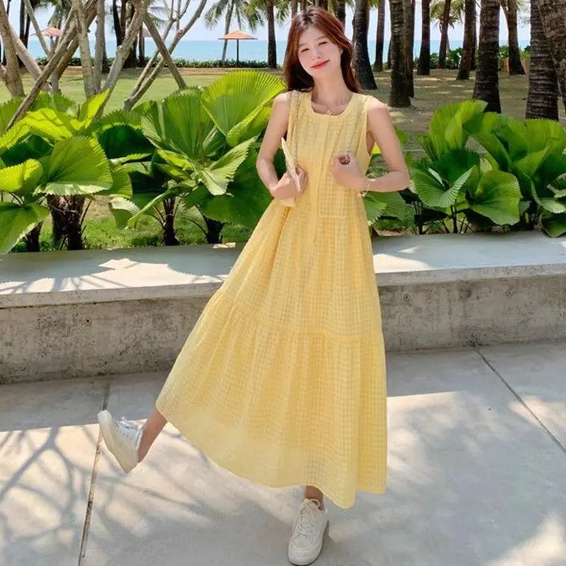 DOKZB Sleeveless Dresses Women's Yellow-3