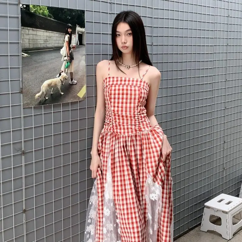 DOKZB Slip Dress Women's Red White Plaid-2