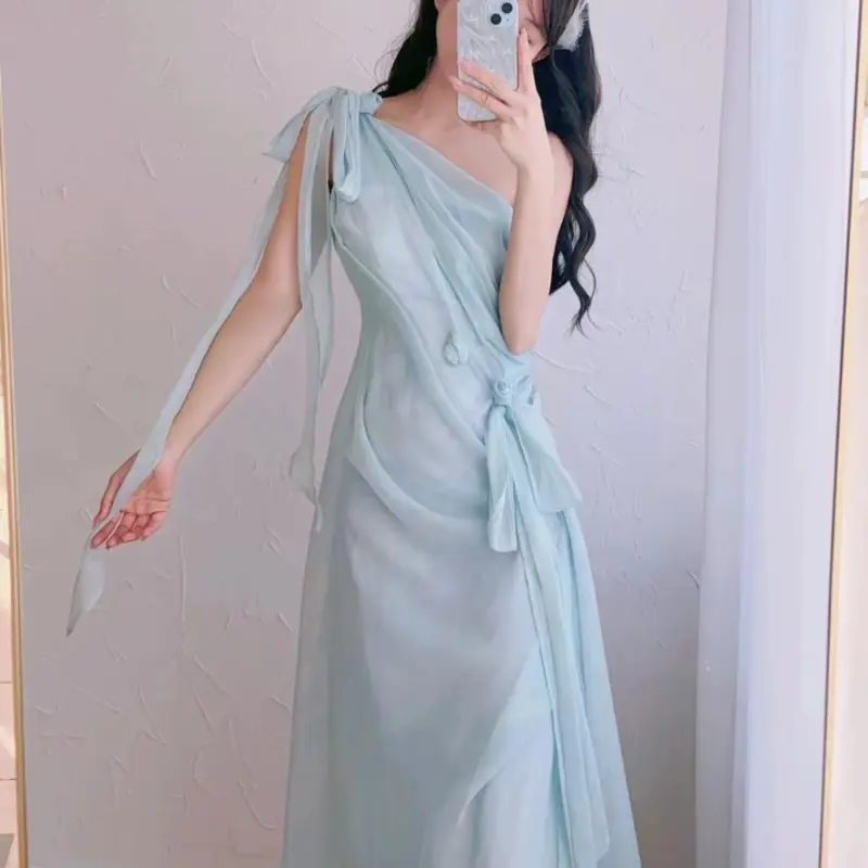 DOKZB Sleeveless Dresses Women's Light Blue-3