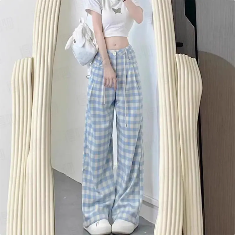 DOKZB Casual Pants Women's Blue Plaid-4