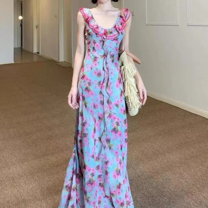 DOKZB Sleeveless Dresses Women's Pink Floral-2