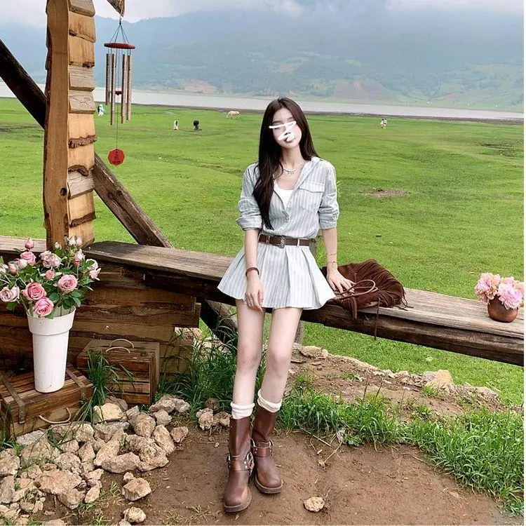 DOKZB Long Sleeved Dresses Women's Striped Light Blue-2