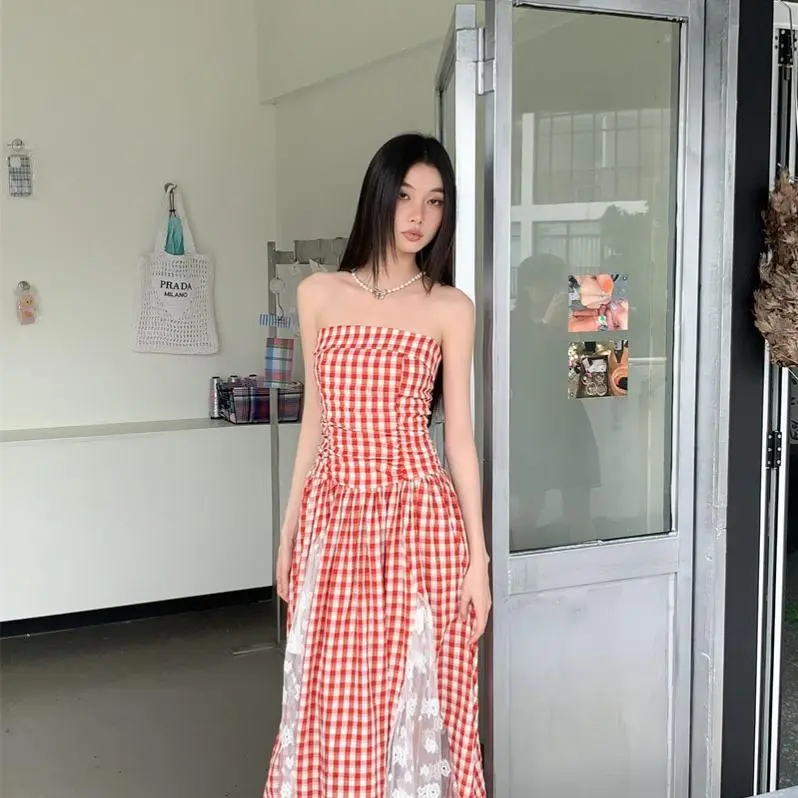 DOKZB Slip Dress Women's Red White Plaid-6