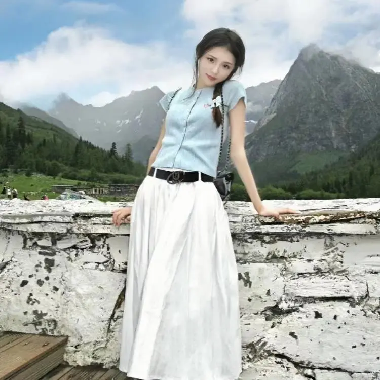 DOKZB Two Piece Skirt Sets Women's Blue Top+White Skirt-2