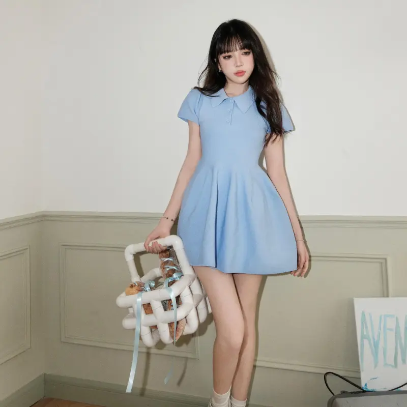 DOKZB Short Sleeved Dress Women's Blue-5