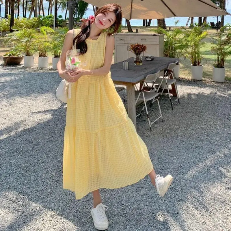 DOKZB Sleeveless Dresses Women's Yellow-5