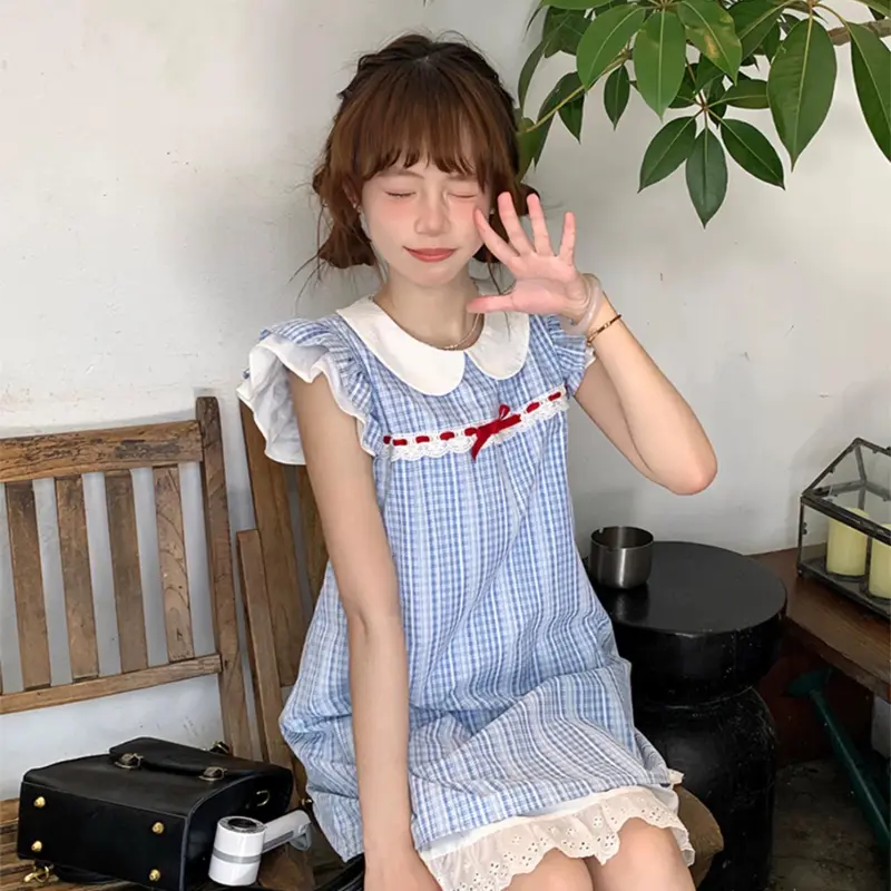 DOKZB Short Sleeved Dress Women's Blue Plaid-2