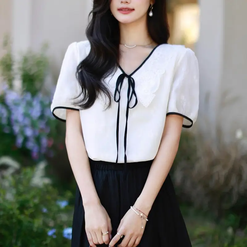 DOKZB Summer Puff Sleeve T Shirt Women's Beige-4