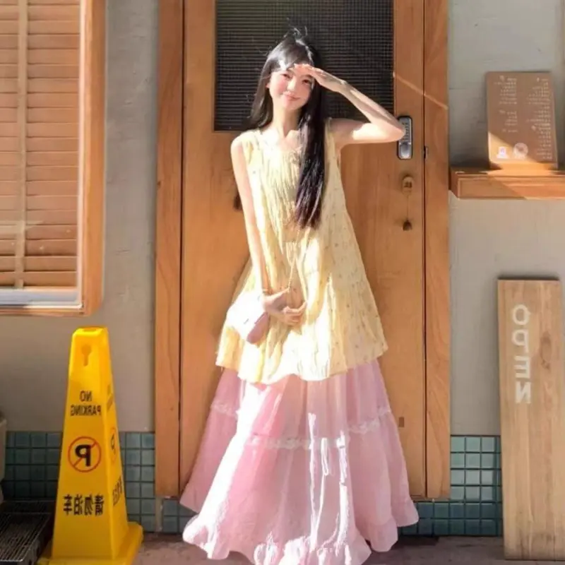 DOKZB Skirt Set Women's Yellow/Pink Two Piece Set-5