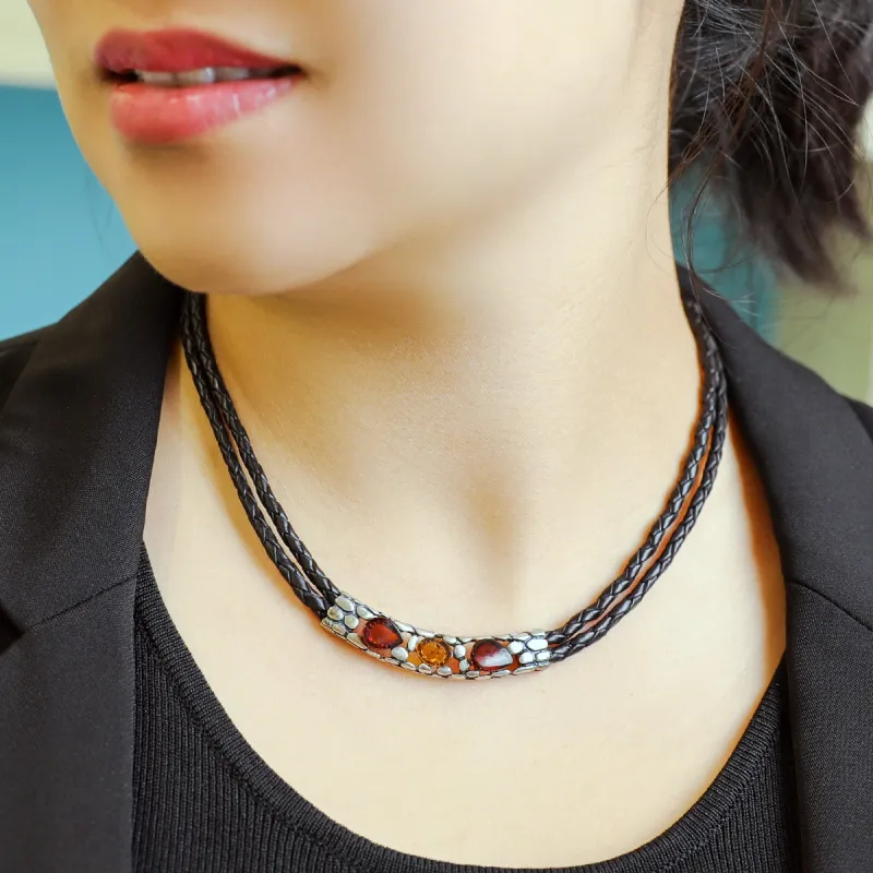 S&A S925 Silver Inlaid Amber Beeswax Necklaces Women's-4