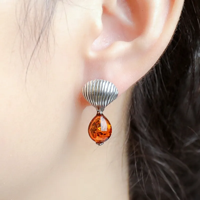 S&A S925 Silver With Amber Hoop Earrings Drop Earrings Women's-4
