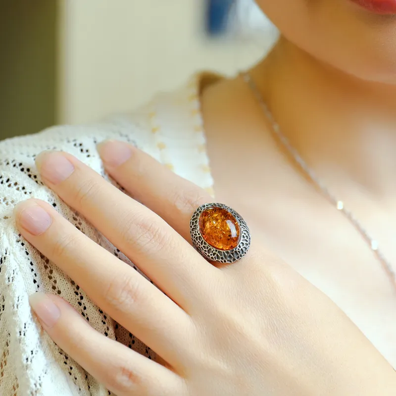 S&A S925 Silver Amber Fine Jade Rings Women's-1