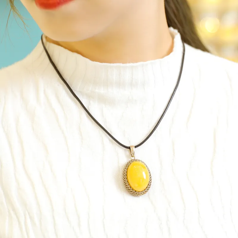 S&A S925 Silver With Amber Beeswax Inlay Necklaces Women's-3