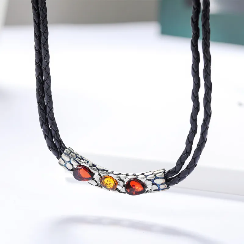 S&A S925 Silver Inlaid Amber Beeswax Necklaces Women's-1