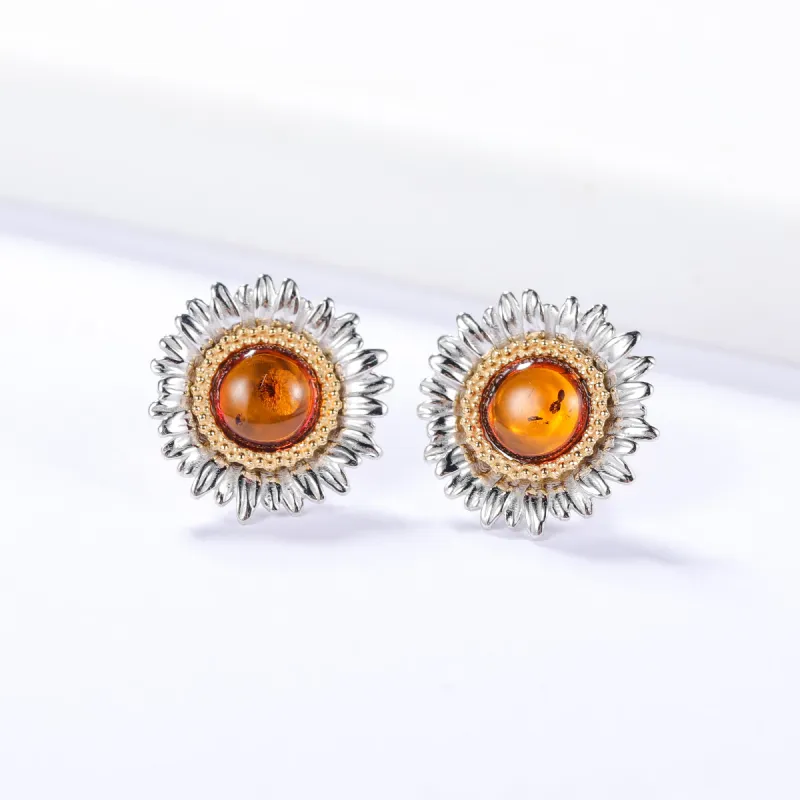 S&A S925 Silver With Amber Stud Earrings Women's-1