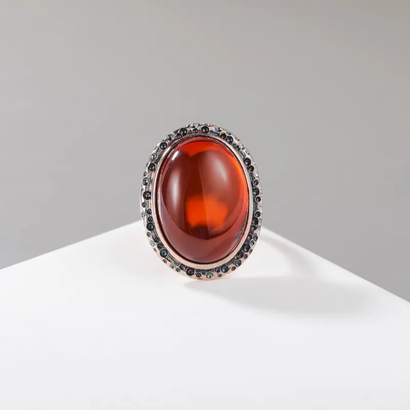 S&A S925 Silver With Amber Beeswax Inlay Ring Fine Jade Ring Women's-6