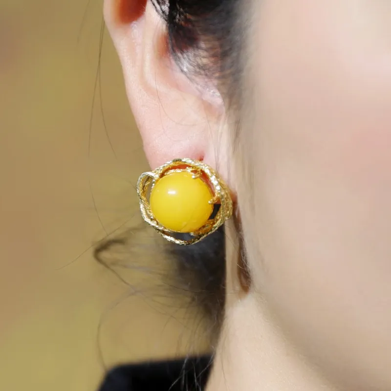 S&A S925 Silver With Amber Beeswax Inlay Jade Stud Earrings Women's-3
