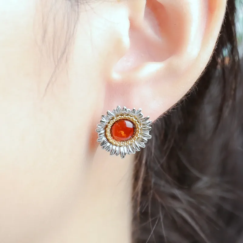 S&A S925 Silver With Amber Stud Earrings Women's-4