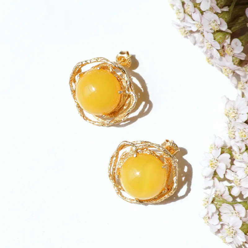 S&A S925 Silver With Amber Beeswax Inlay Jade Stud Earrings Women's-2